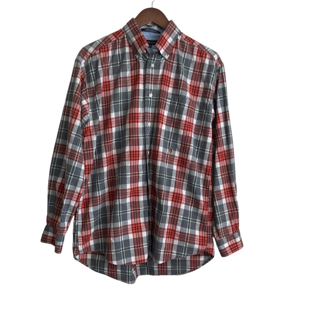 Tommy Hilfiger Mens Shirt M Red Gray Plaid Button Up Preppy Travel Office Casual